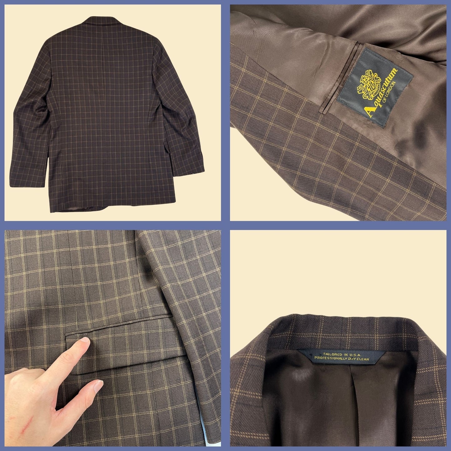 90s Aquascutum London men's blazer, vintage 1990s brown plaid men's sports coat/jacket