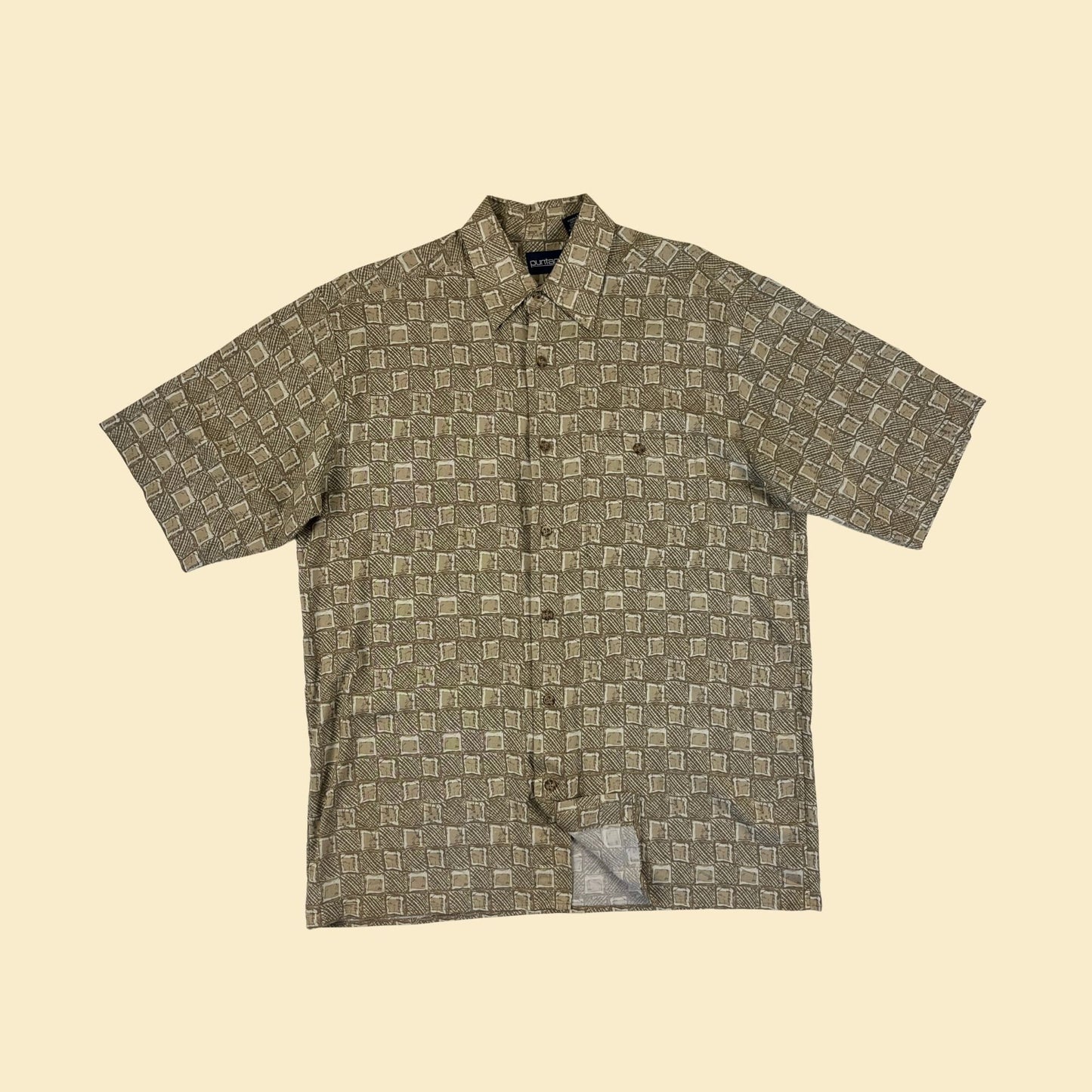 1990s M men's short sleeve shirt by Puritan, beige/tan geometric rayon button down top