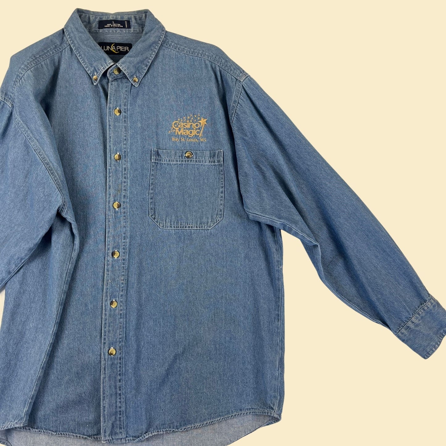 90s L men's casino chambray button down, vintage 1990s men's Casino Magic, Bay St. Louis MS shirt