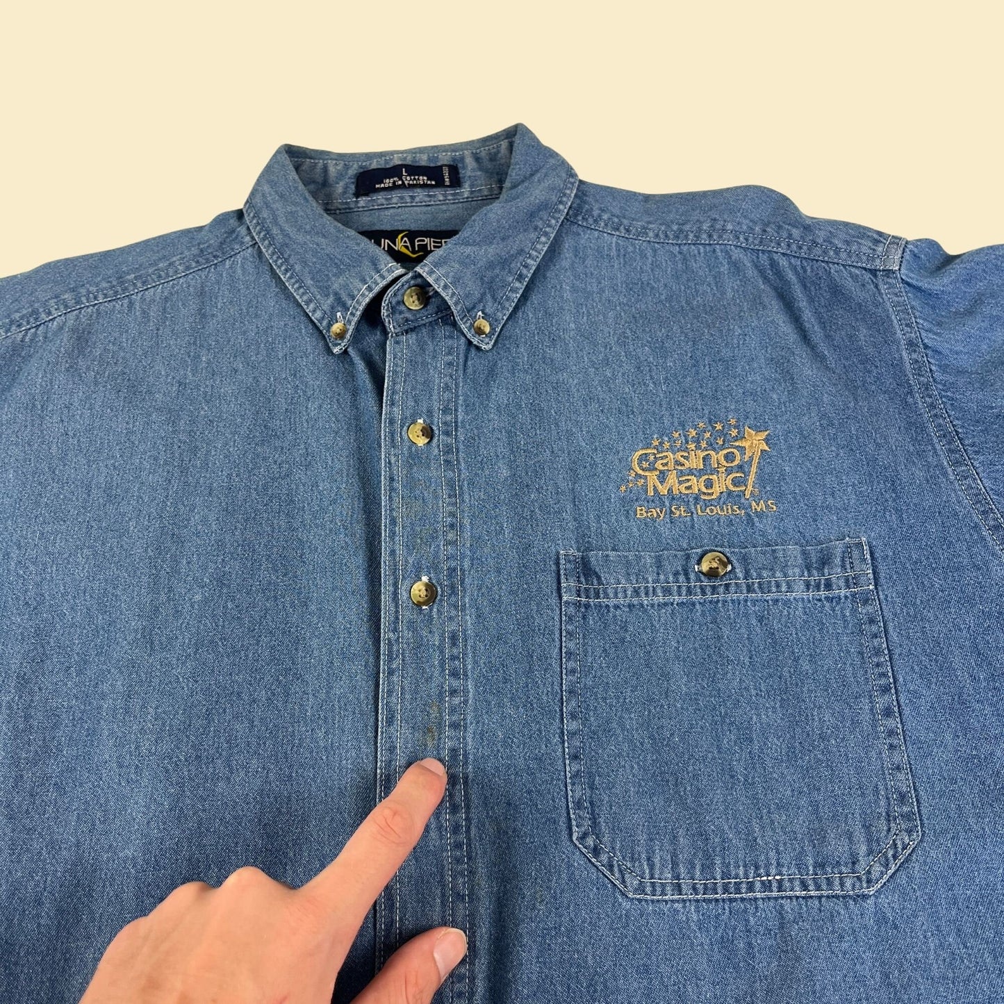 90s L men's casino chambray button down, vintage 1990s men's Casino Magic, Bay St. Louis MS shirt