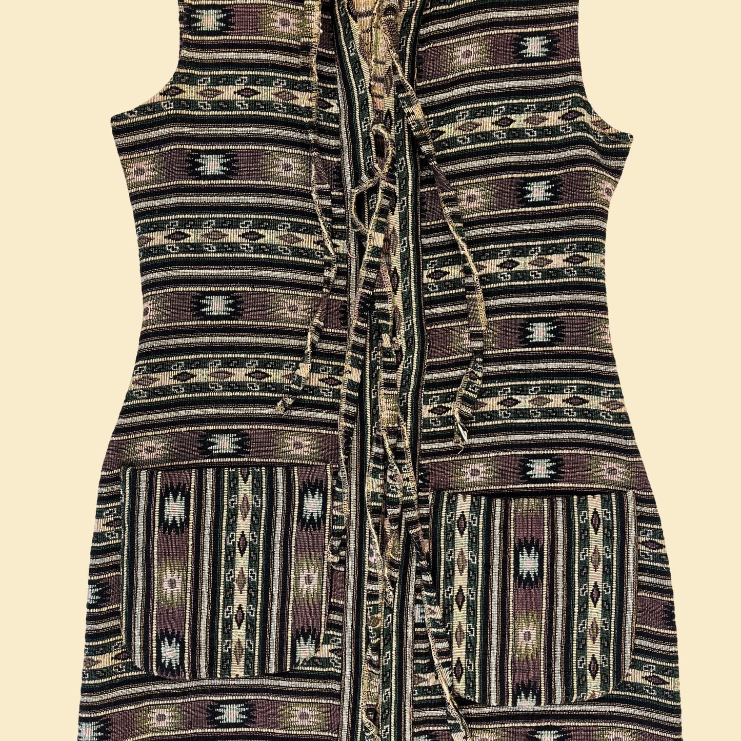 1970s tapestry vest/dress by The Lazy Dazy, vintage 70s geometric front tie hooded vest