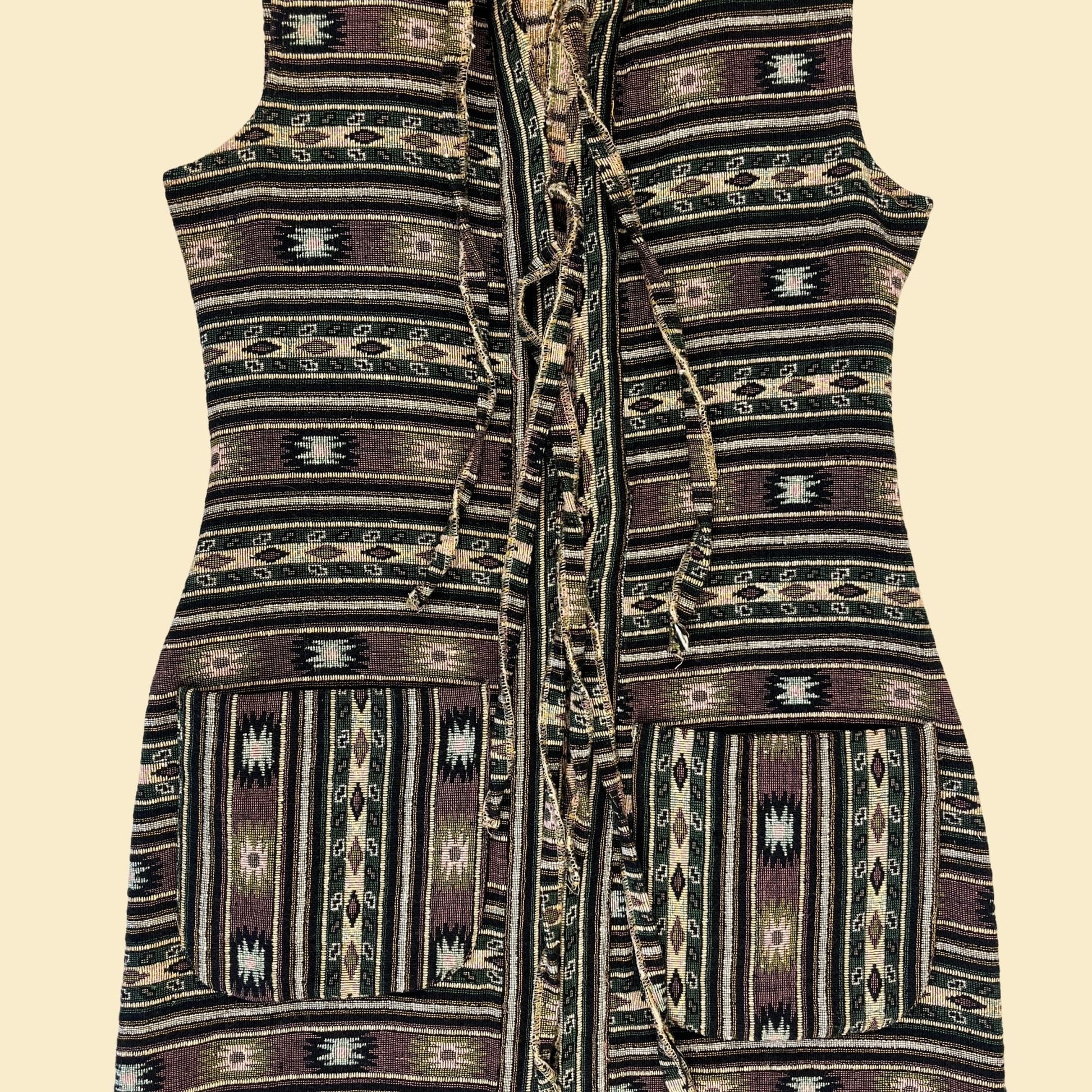 1970s tapestry vest/dress by The Lazy Dazy, vintage 70s geometric front tie hooded vest