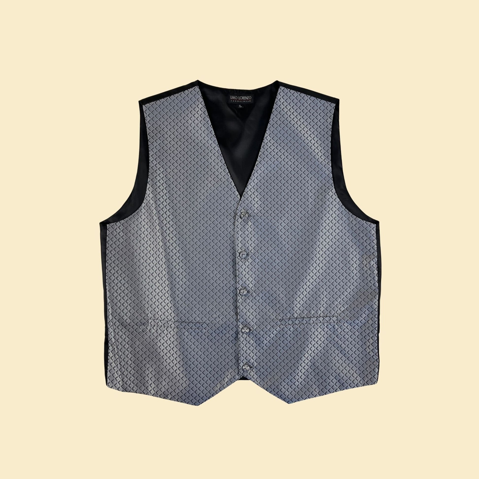 2000s L formal vest by Uomo Lorenzo, grey metallic geometric men's formal vest w/ satin black back