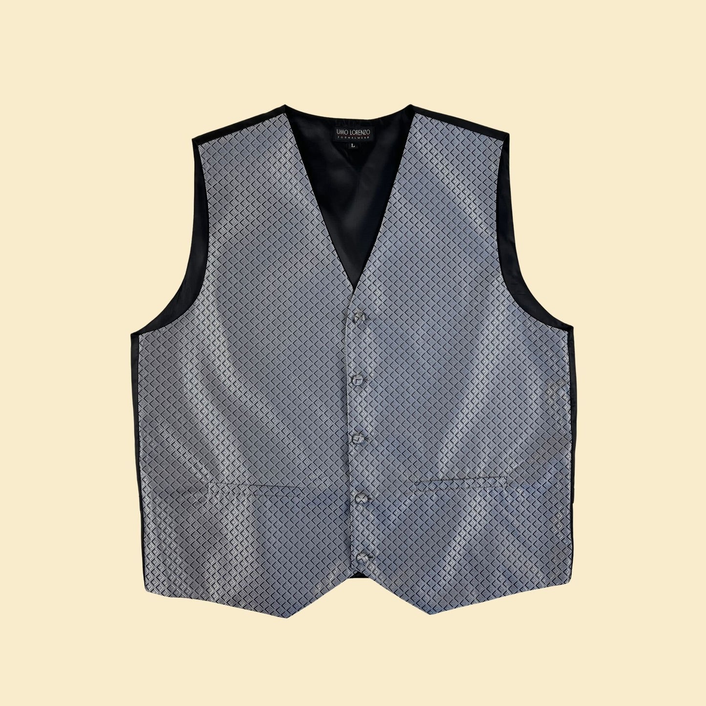 2000s L formal vest by Uomo Lorenzo, grey metallic geometric men's formal vest w/ satin black back