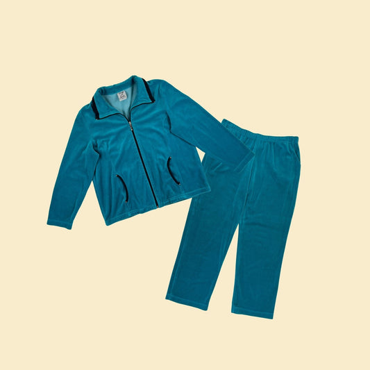 90s/Y2K blue velour track suit, vintage 1990s L women's 2-piece blue/black pants & jacket set