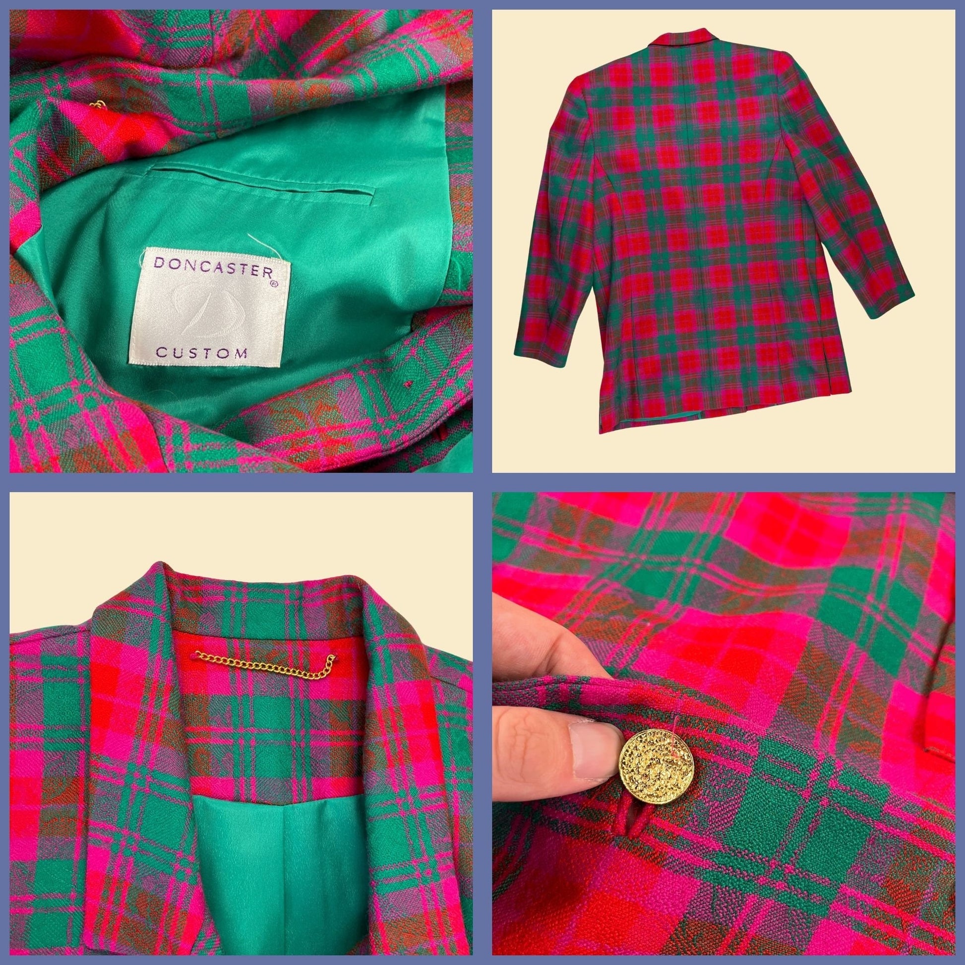 1970s plaid skirt suit by Doncaster Sport, vintage 70s pink/green skirt & blazer two piece set