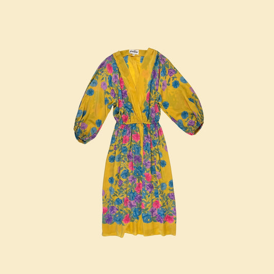 1970s Gentilesse M silk chiffon dress, yellow/pink/blue floral 70s vintage union-made midi dress