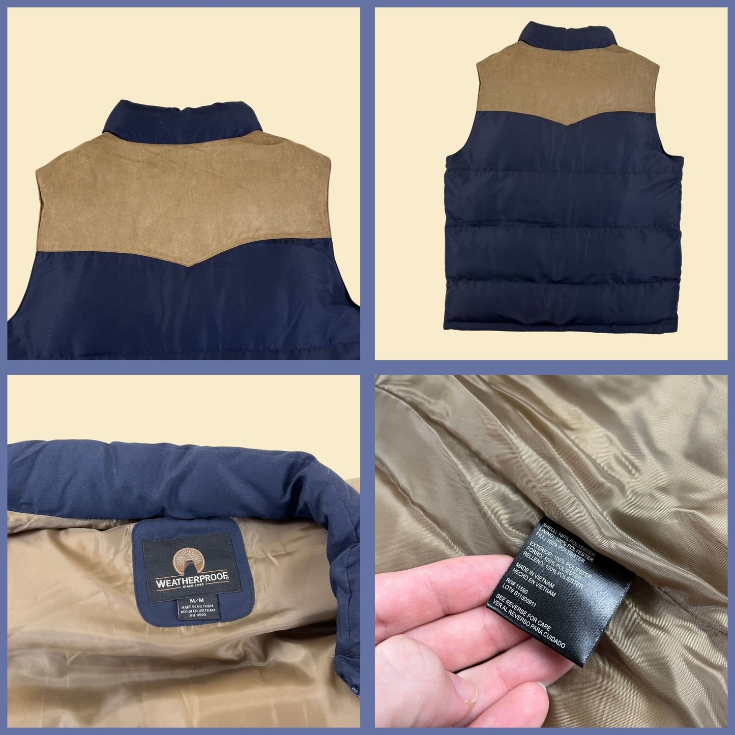 Y2K puffer vest by Weatherproof, size M 2000s blue & beige color block zip up vest