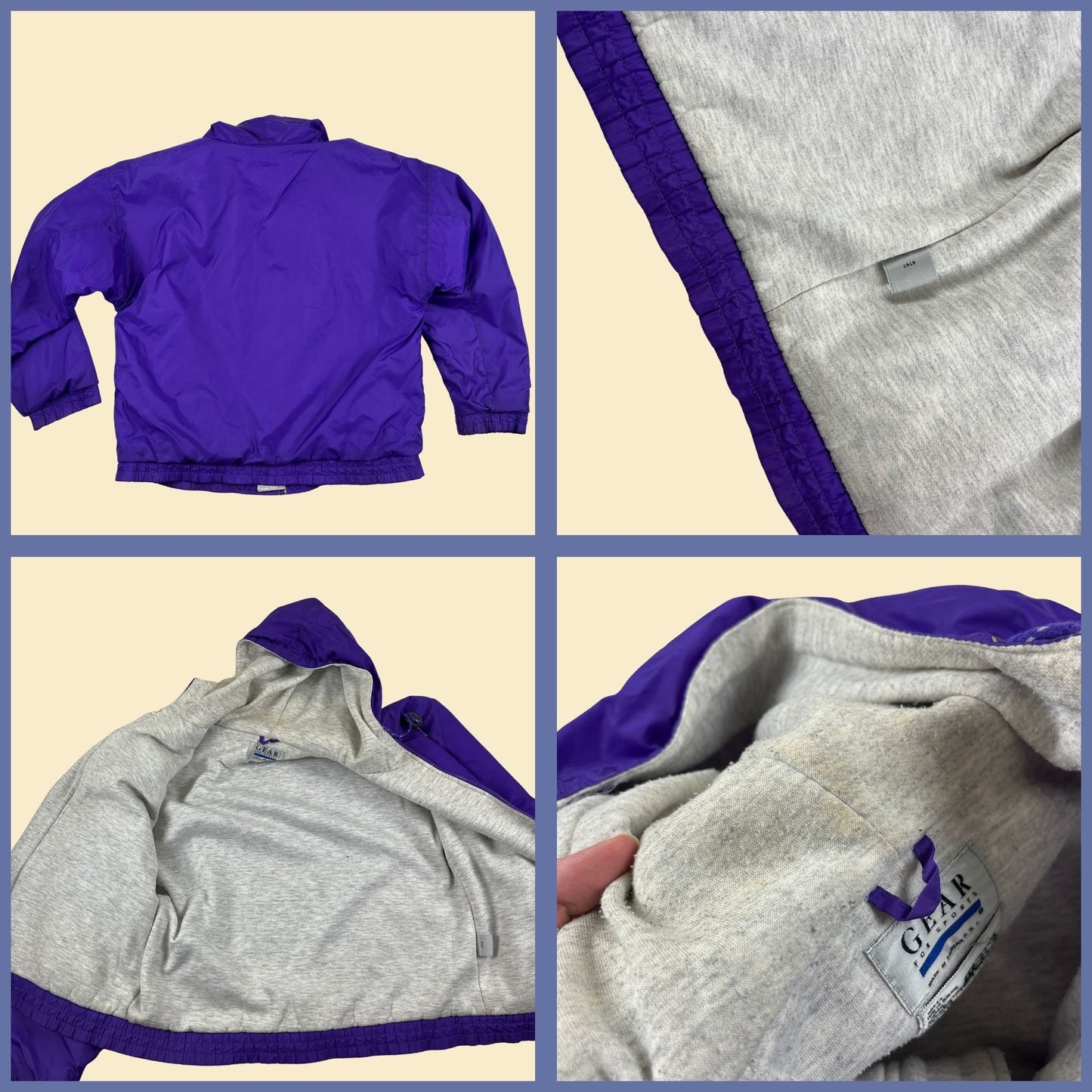 1990s M purple nylon jacket w/ grey lining & Glasstream logo, vintage