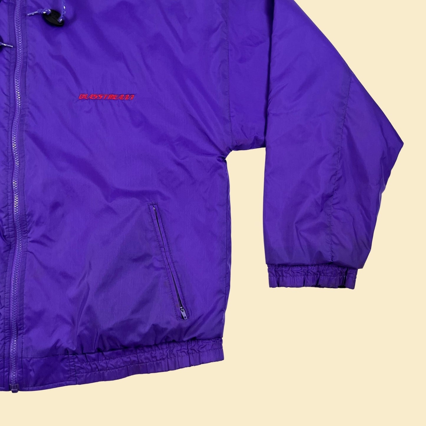 1990s M purple nylon jacket w/ grey lining & Glasstream logo, vintage