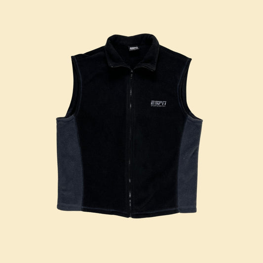 1990s ESPN Sportscenter L vest, vintage 90s zip up men's black & grey ESPN sleeveless fleece