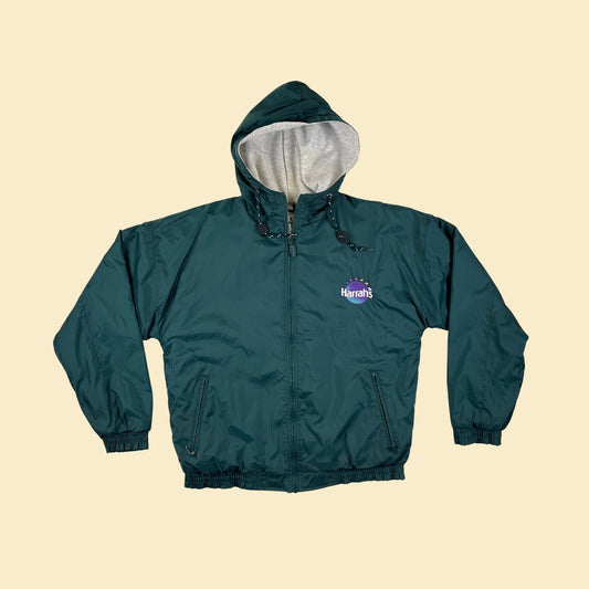 90s M Harrah's Casino jacket, vintage 1990s green/purple zip up cotton lined hooded jacket