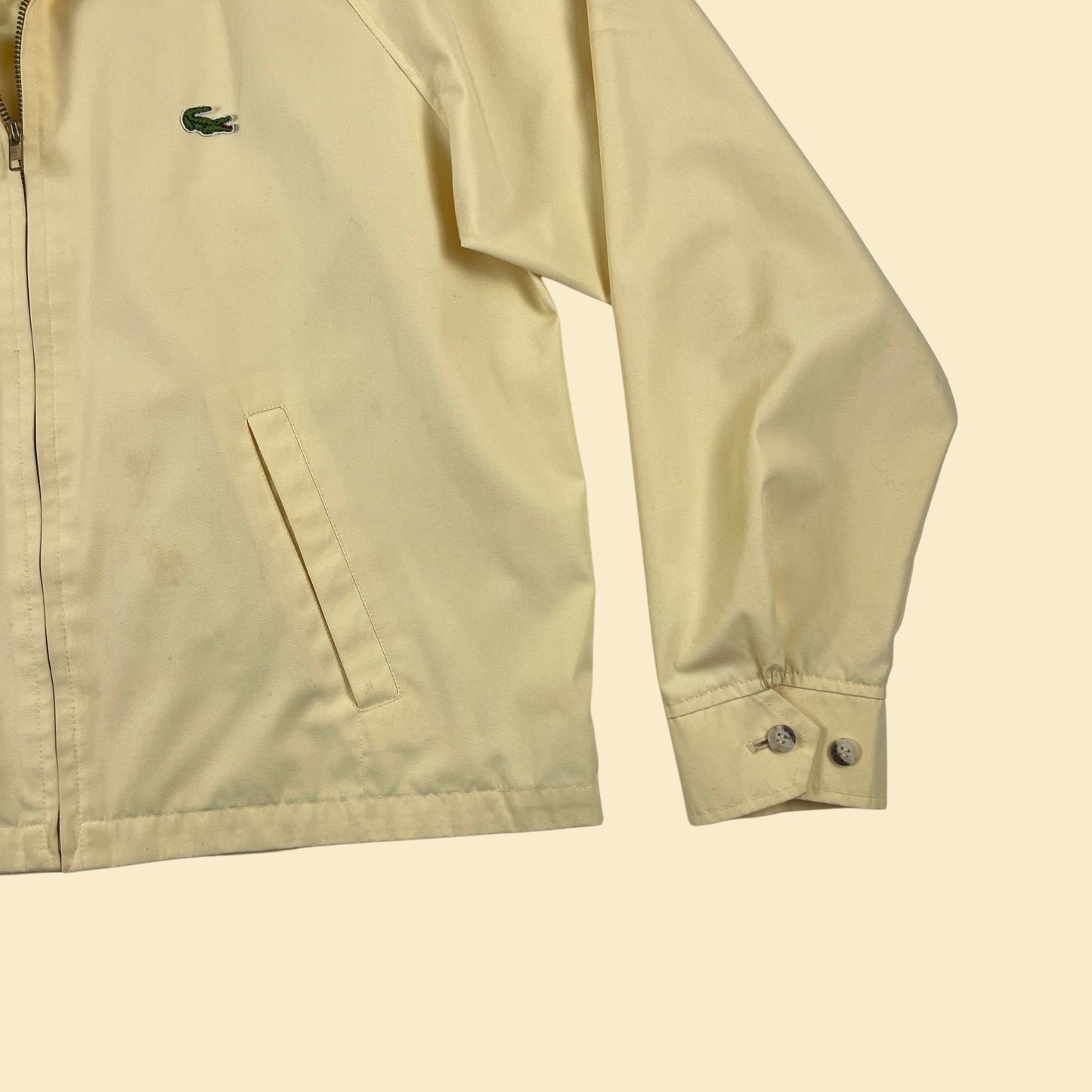 1970s L Izod Lacoste windbreaker, pastel yellow vintage 70s zip up jacket