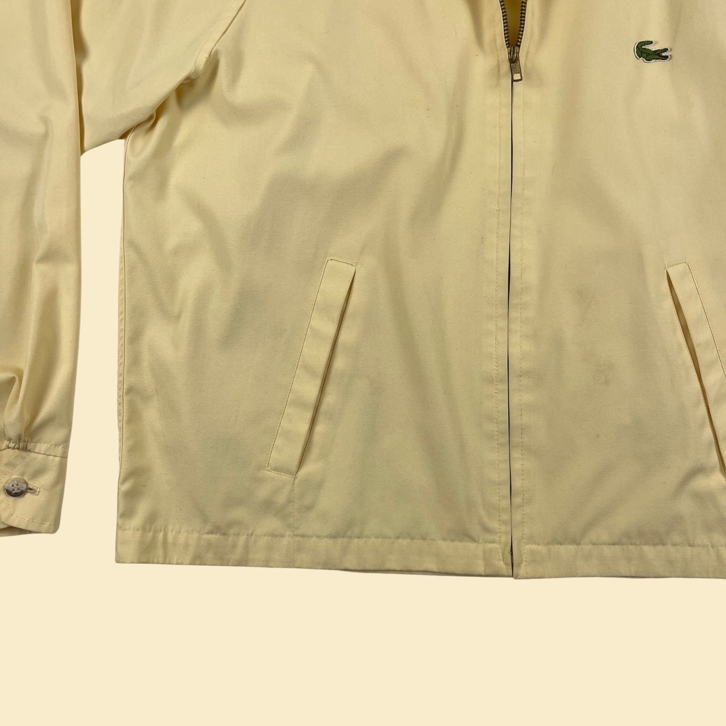 1970s L Izod Lacoste windbreaker, pastel yellow vintage 70s zip up jacket