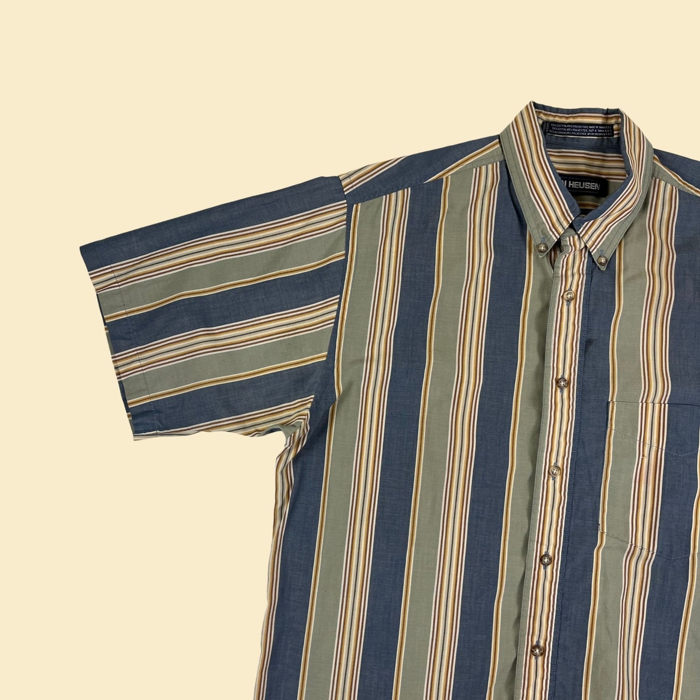 1990s M striped men's shirt, vintage 1990s Van Heusen blue/green button down short sleeve top