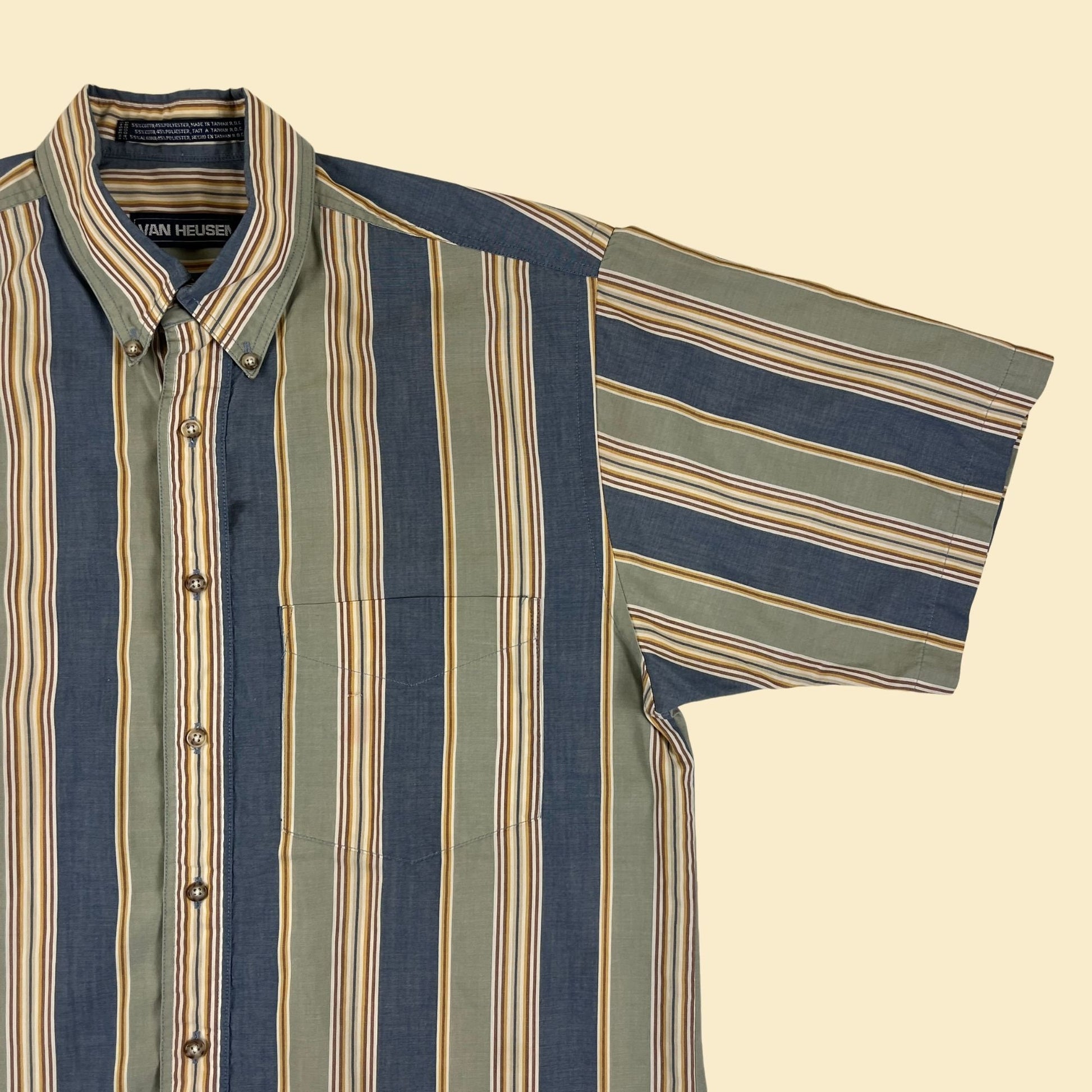 1990s M striped men's shirt, vintage 1990s Van Heusen blue/green button down short sleeve top