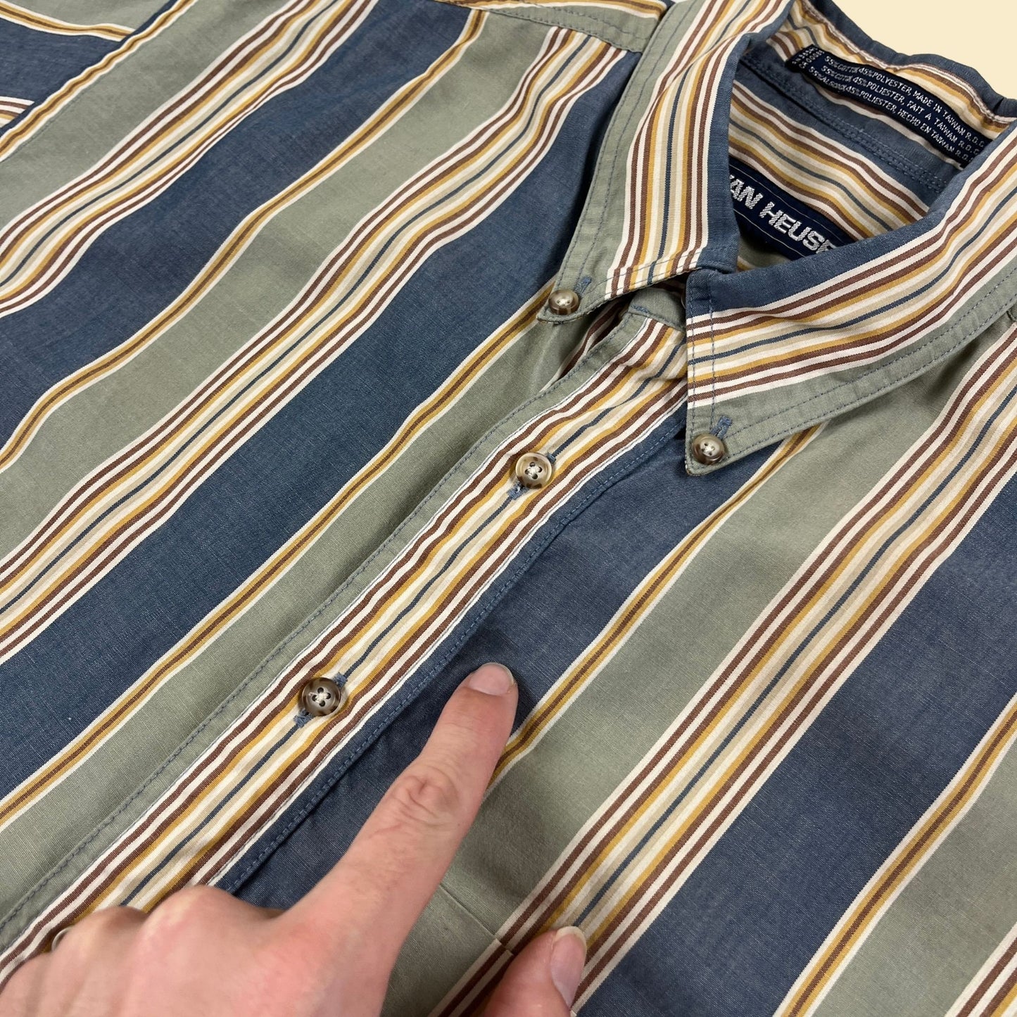 1990s M striped men's shirt, vintage 1990s Van Heusen blue/green button down short sleeve top