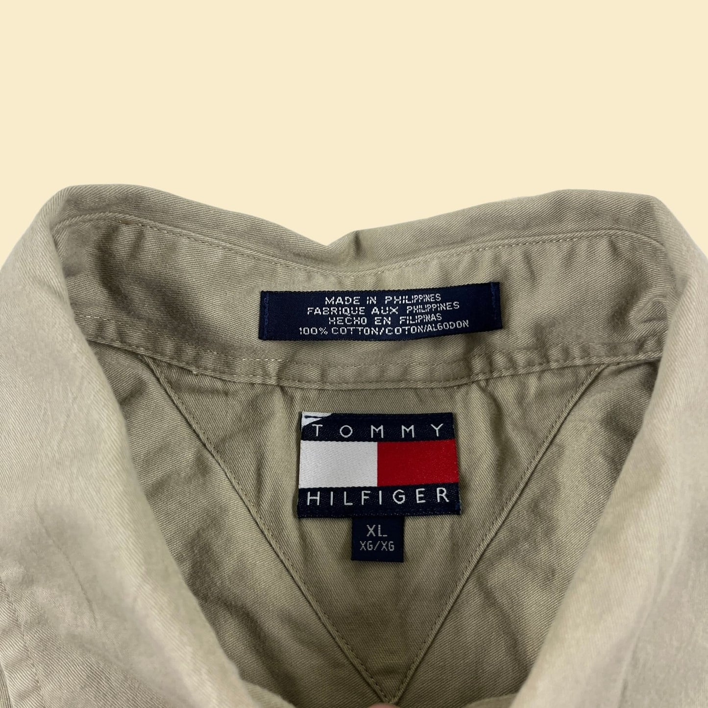 Y2K Tommy Hilfiger XL khaki shirt, vintage 2000s men's long sleeve cotton button down top