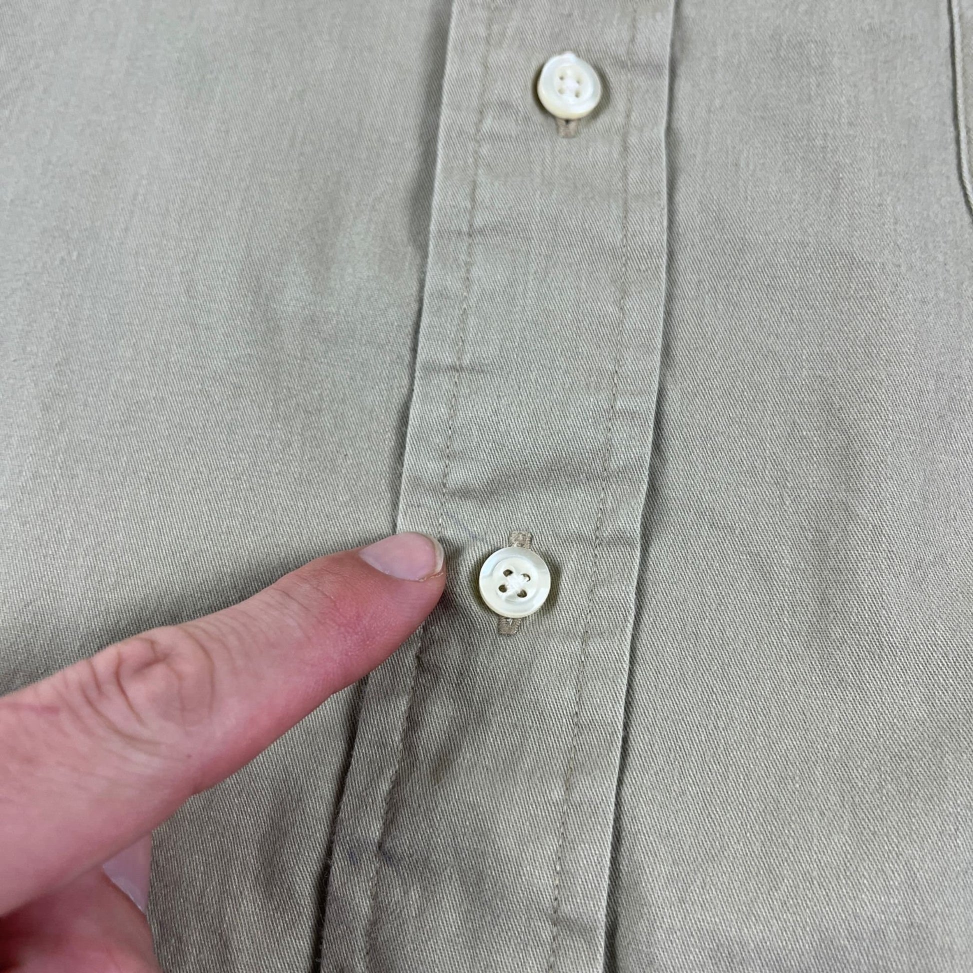 Y2K Tommy Hilfiger XL khaki shirt, vintage 2000s men's long sleeve cotton button down top