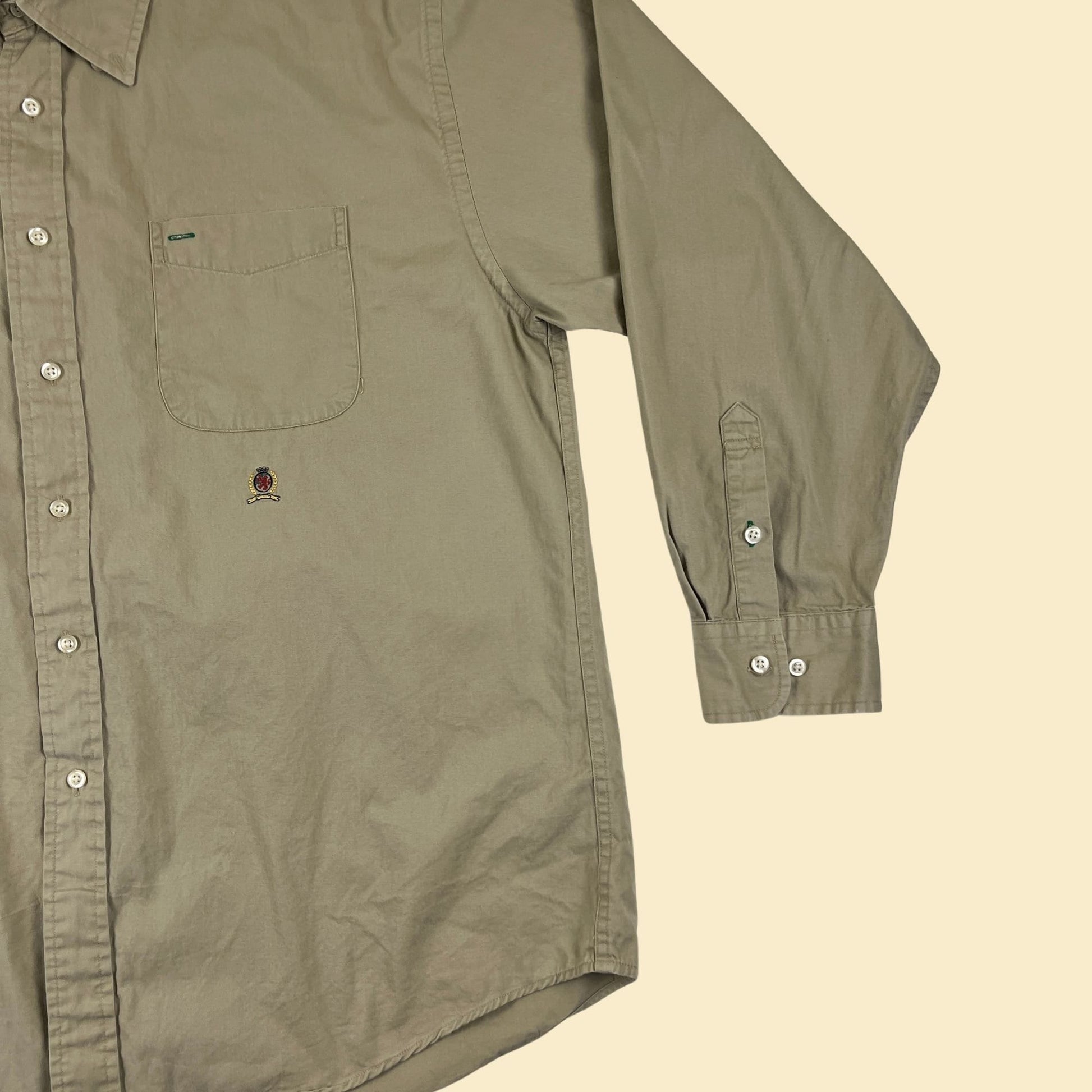 Y2K Tommy Hilfiger XL khaki shirt, vintage 2000s men's long sleeve cotton button down top