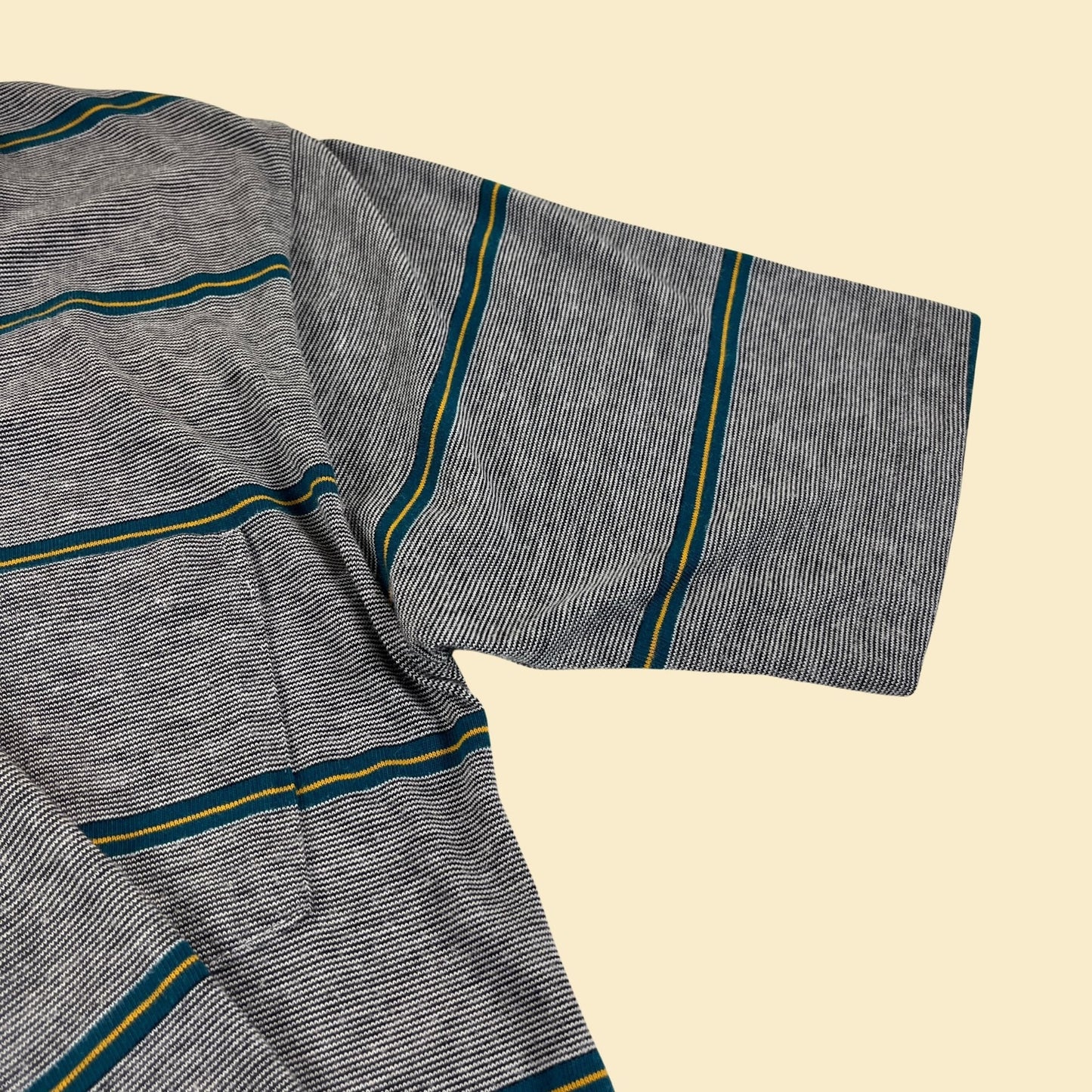 1990s striped golf shirt by Puritan, vintage men's M to L teal/black/white/yellow polo short sleeve shirt