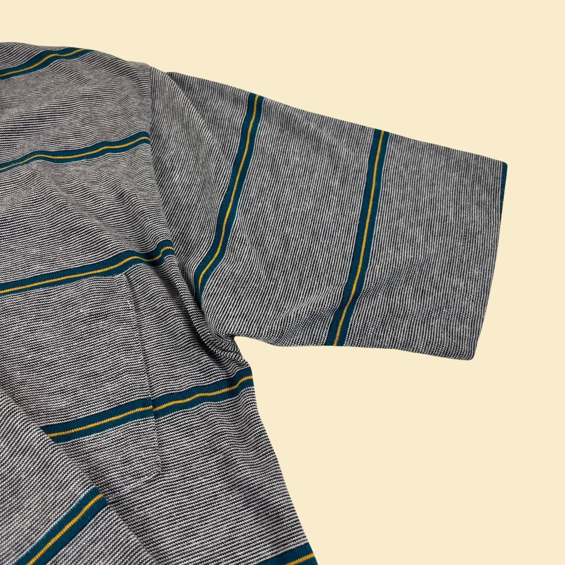 1990s striped golf shirt by Puritan, vintage men's M to L teal/black/white/yellow polo short sleeve shirt