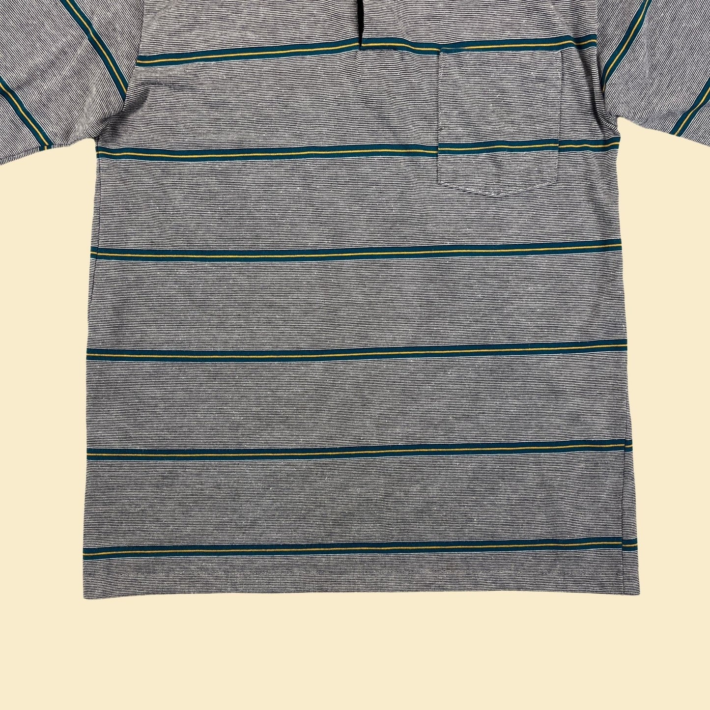 1990s striped golf shirt by Puritan, vintage men's M to L teal/black/white/yellow polo short sleeve shirt