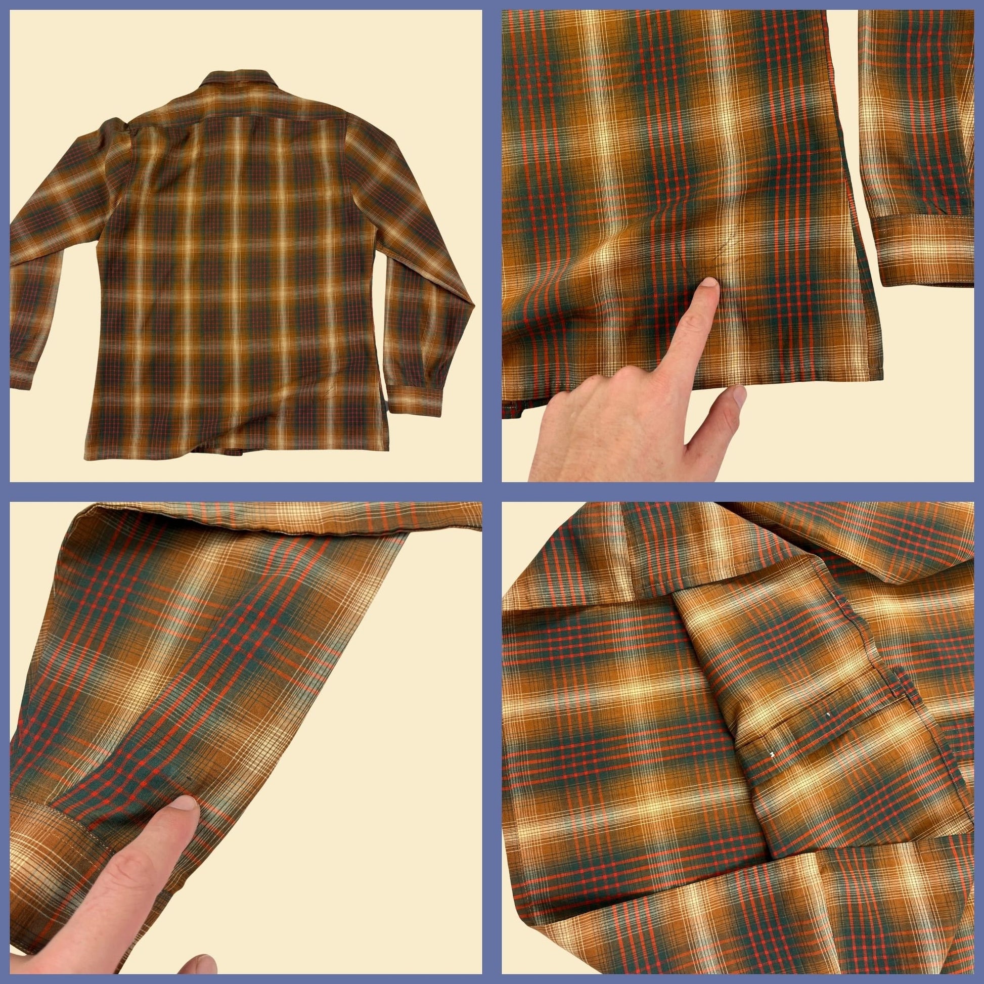 1970s L men's shirt, vintage Geno by Gene Ostro orange/green plaid long sleeve top w/ peter pan collar