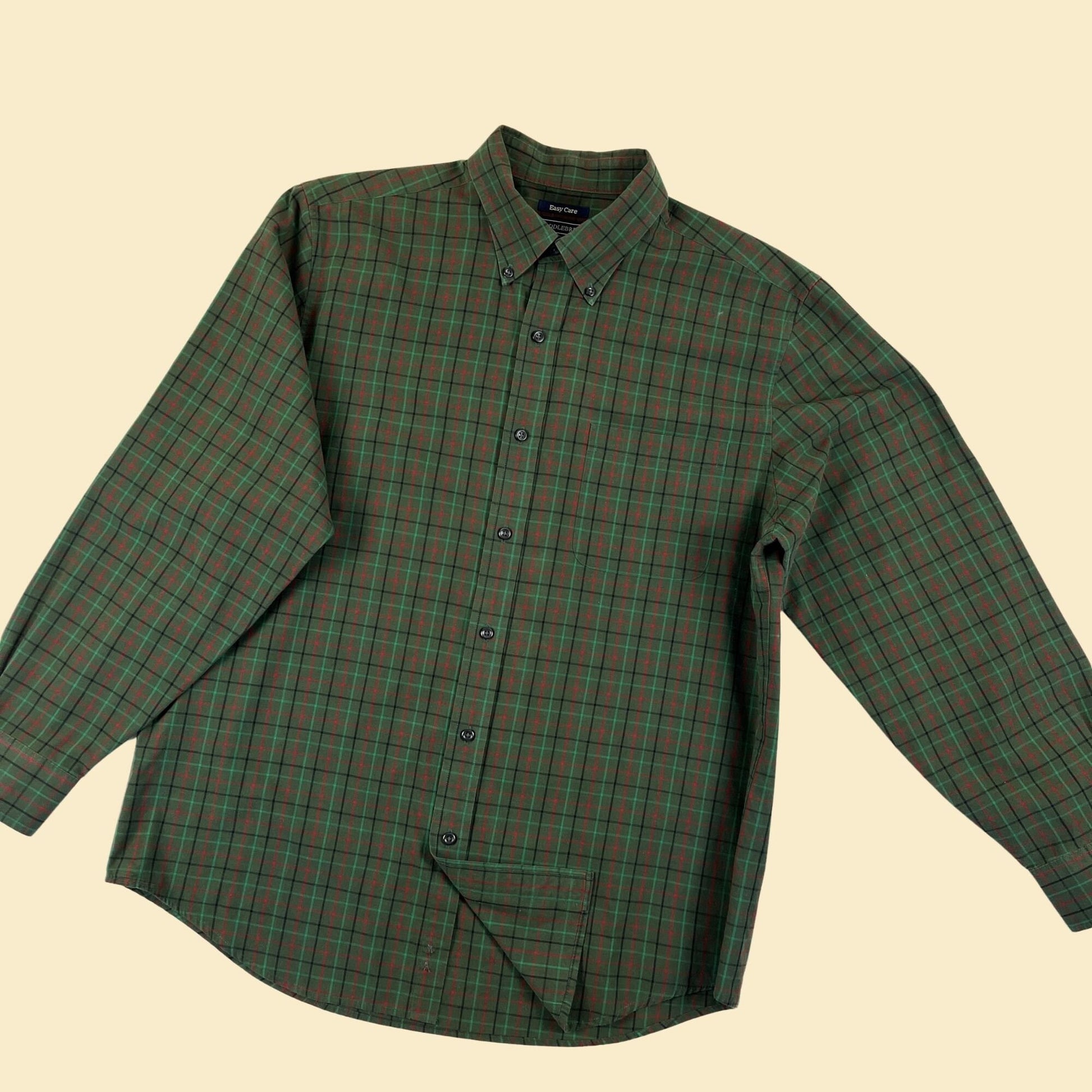 1990s L green men's shirt, vintage 90s Saddlebred green/red/black plaid men's button down long sleeve top