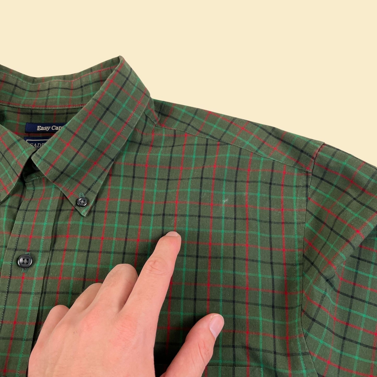 1990s L green men's shirt, vintage 90s Saddlebred green/red/black plaid men's button down long sleeve top