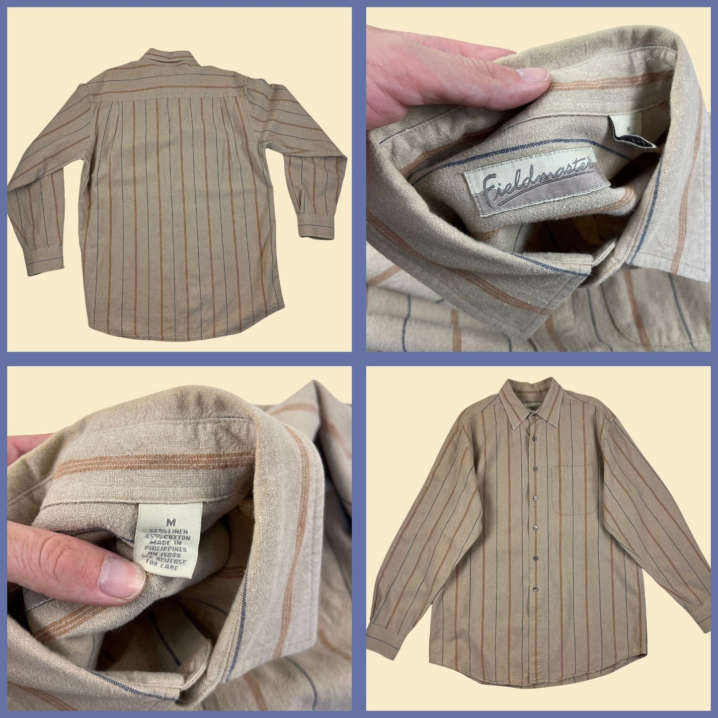 1990s M linen striped shirt by Fieldmaster, vintage 90s beige/orange/blue men's button down long sleeve casual top