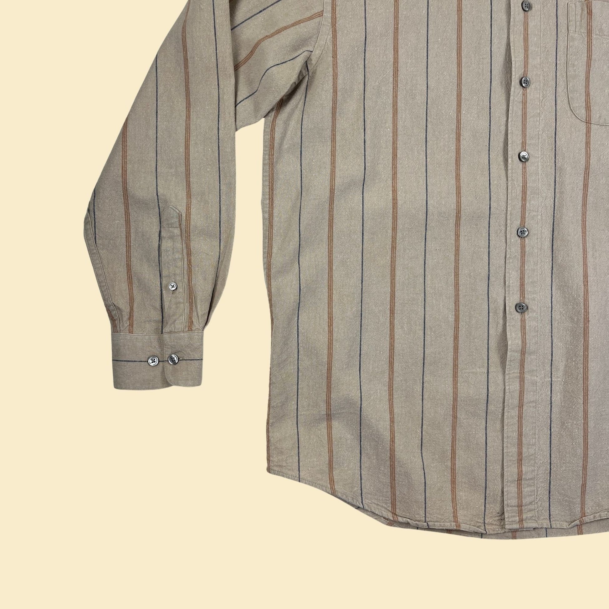 1990s M linen striped shirt by Fieldmaster, vintage 90s beige/orange/blue men's button down long sleeve casual top