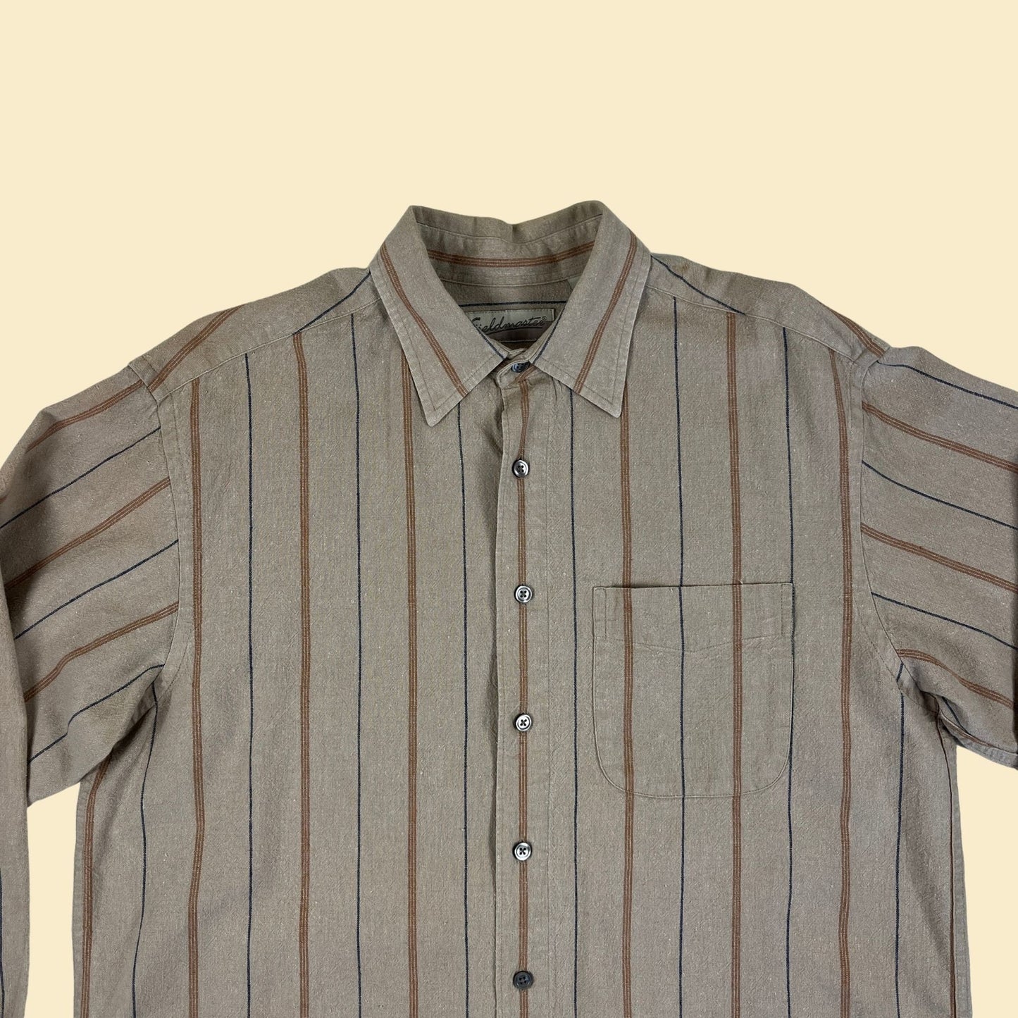 1990s M linen striped shirt by Fieldmaster, vintage 90s beige/orange/blue men's button down long sleeve casual top