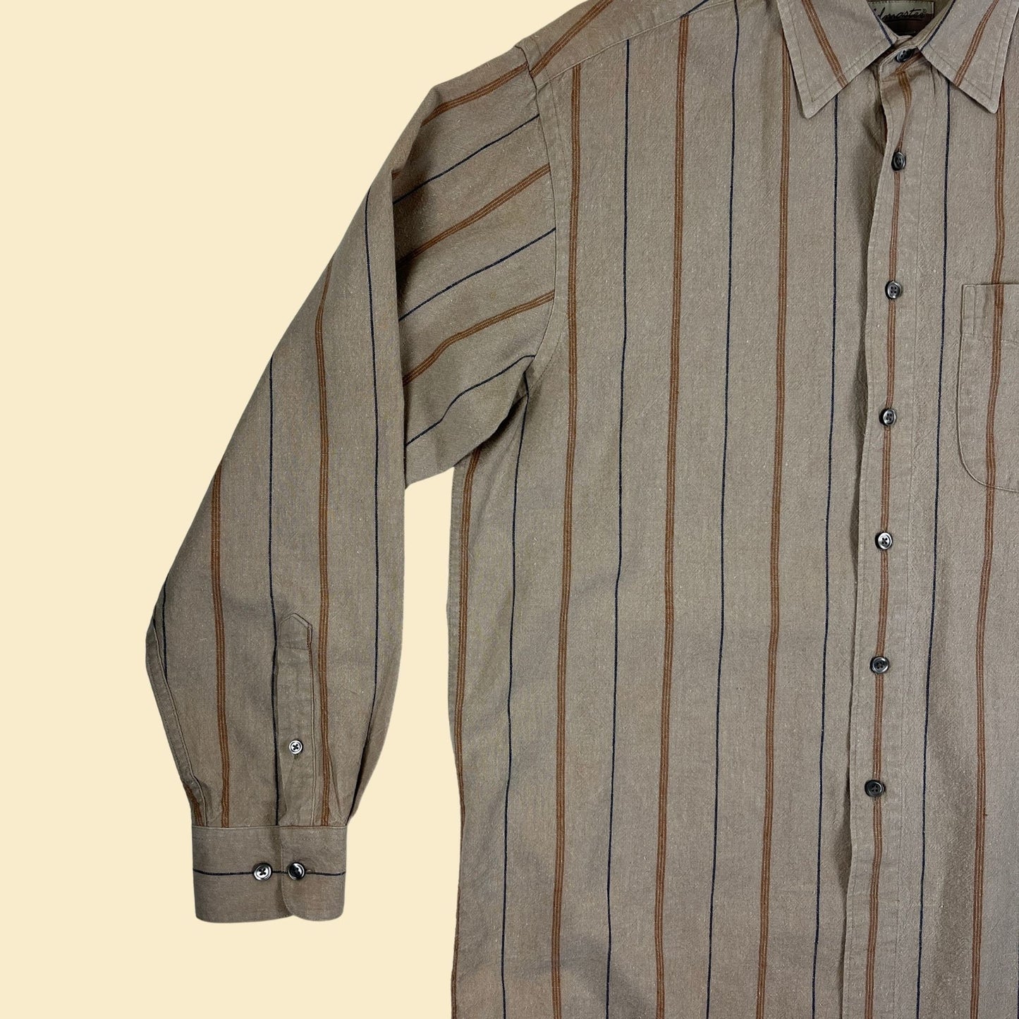 1990s M linen striped shirt by Fieldmaster, vintage 90s beige/orange/blue men's button down long sleeve casual top