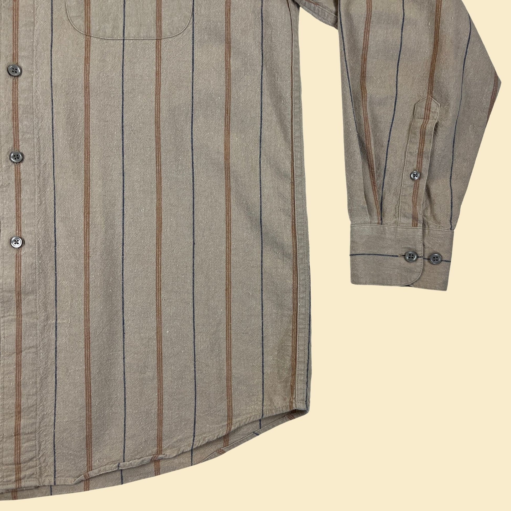 1990s M linen striped shirt by Fieldmaster, vintage 90s beige/orange/blue men's button down long sleeve casual top