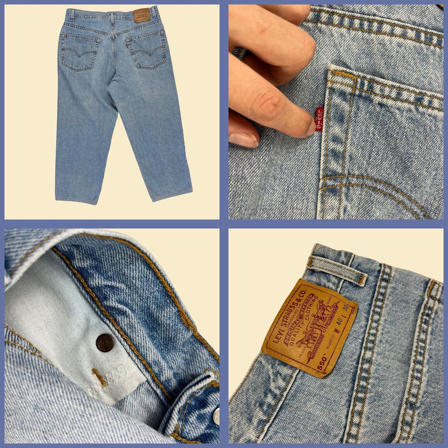 90s Levi's 550 relaxed fit men's 40x30 light wash denim pants, vintage 1990s men's jeans