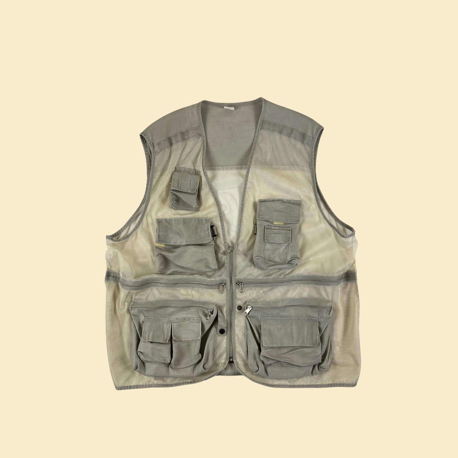 1980s mesh outdoors vest, vintage zip up beige 80s vest w/ pockets