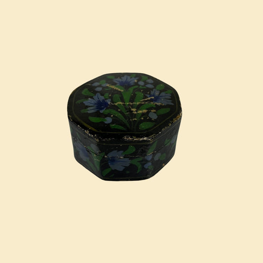 1970s floral lacquer box, vintage 70s black/green/blue round lacquerware container, made in India