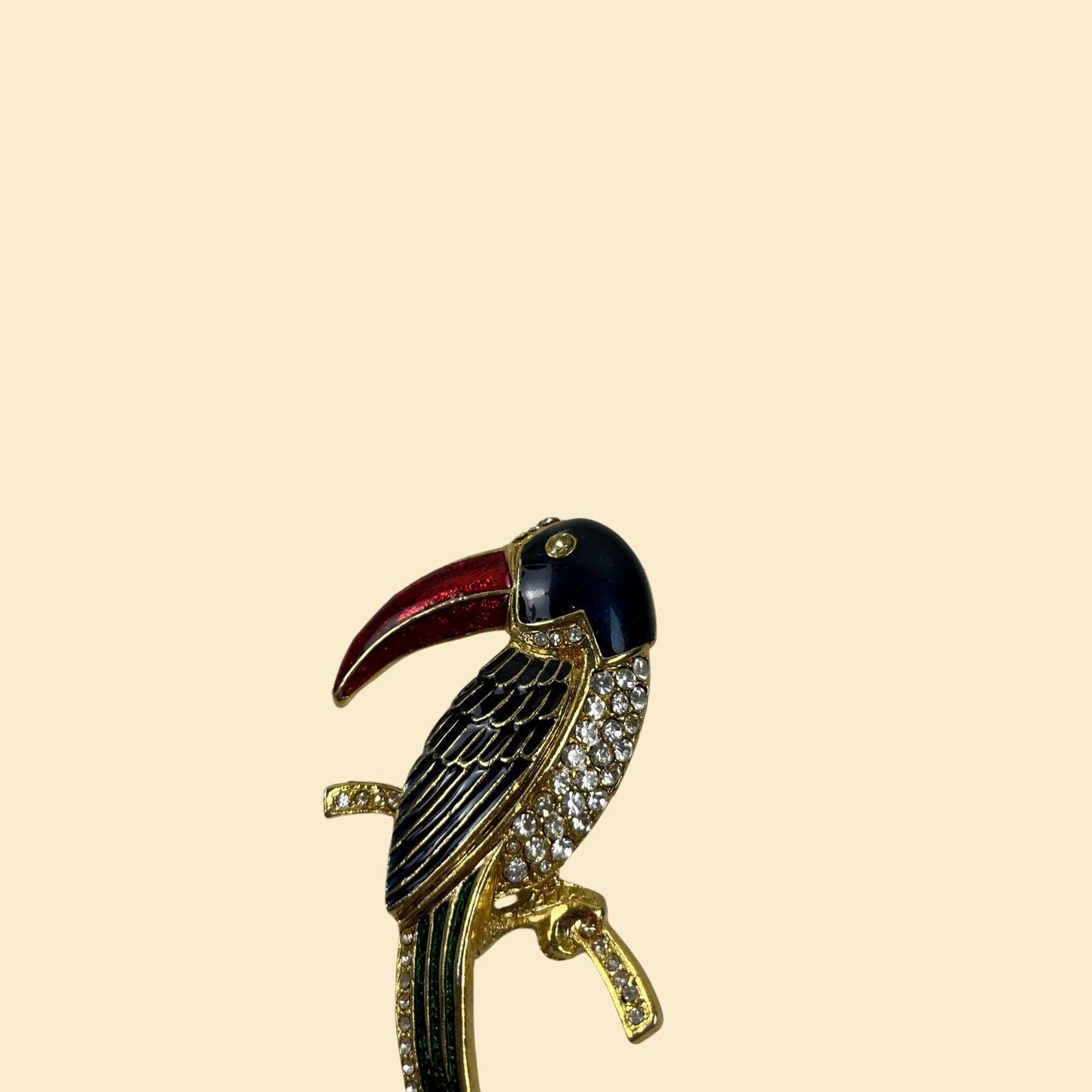 1980s toucan brooch, vintage 80s bird shaped gold-toned/red/green rhinestone pin