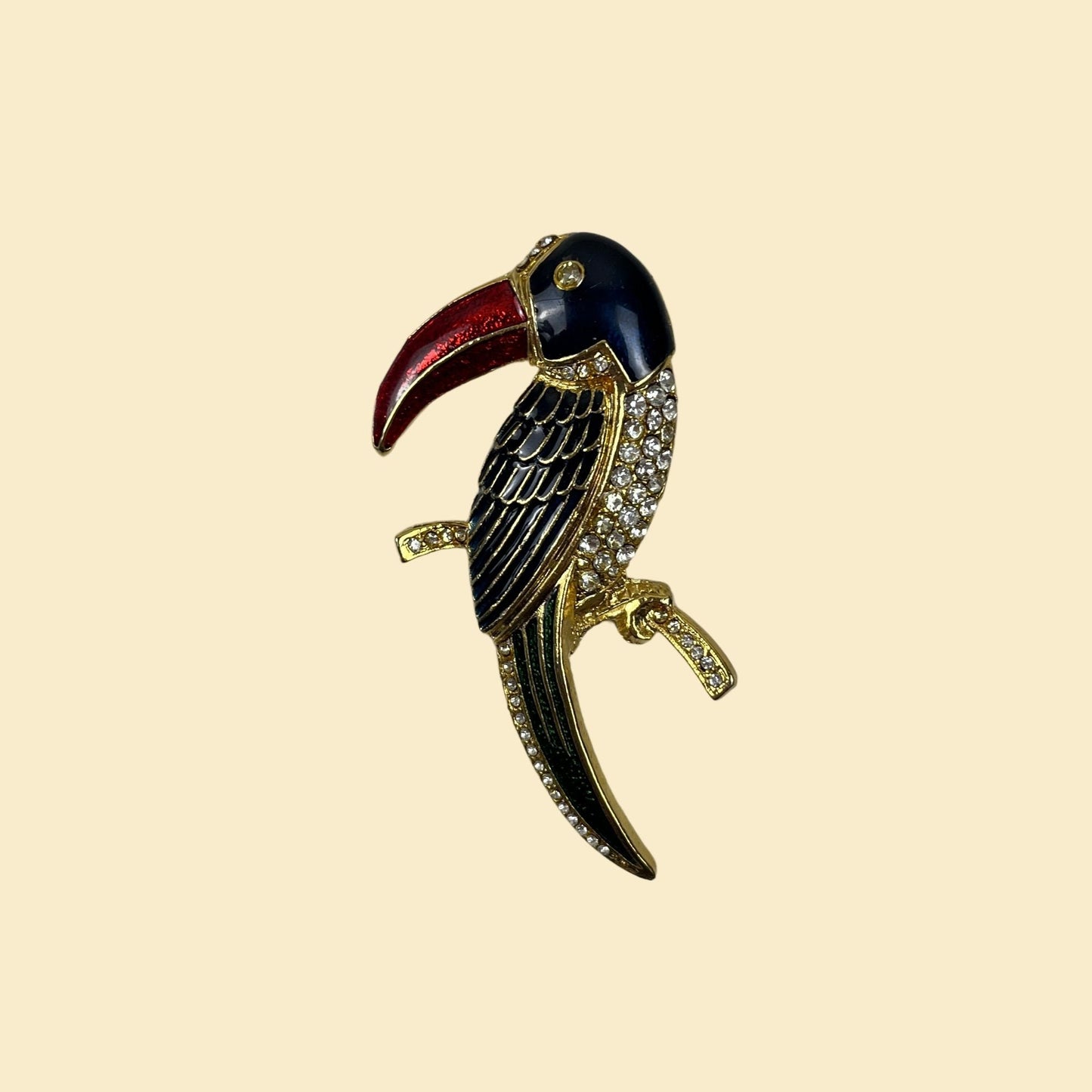 1980s toucan brooch, vintage 80s bird shaped gold-toned/red/green rhinestone pin