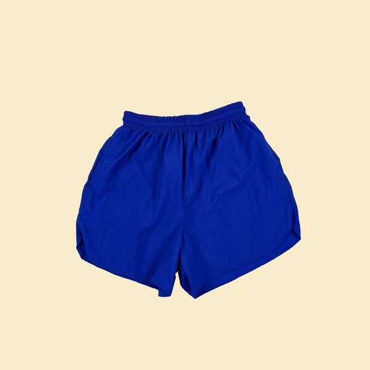 1990s M blue athletic shorts by Sundays, vintage women's 90s solid blue nylon running shorts w/ pockets