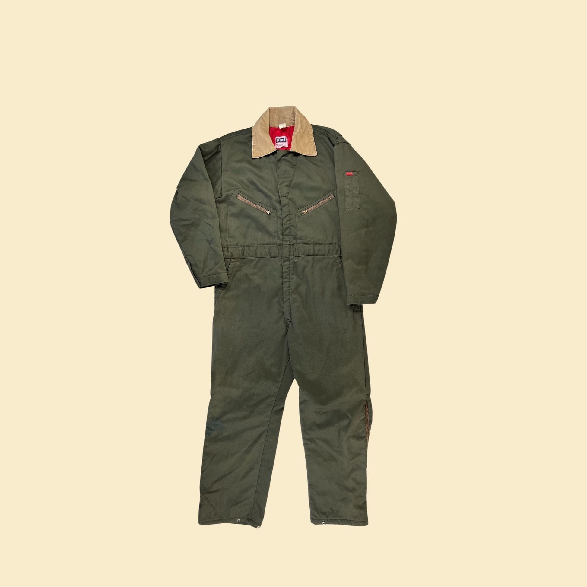 1980s Big Smith coveralls, size 44 vintage 80s olive green & beige zip up USA made men's coverall w/ corduroy trim