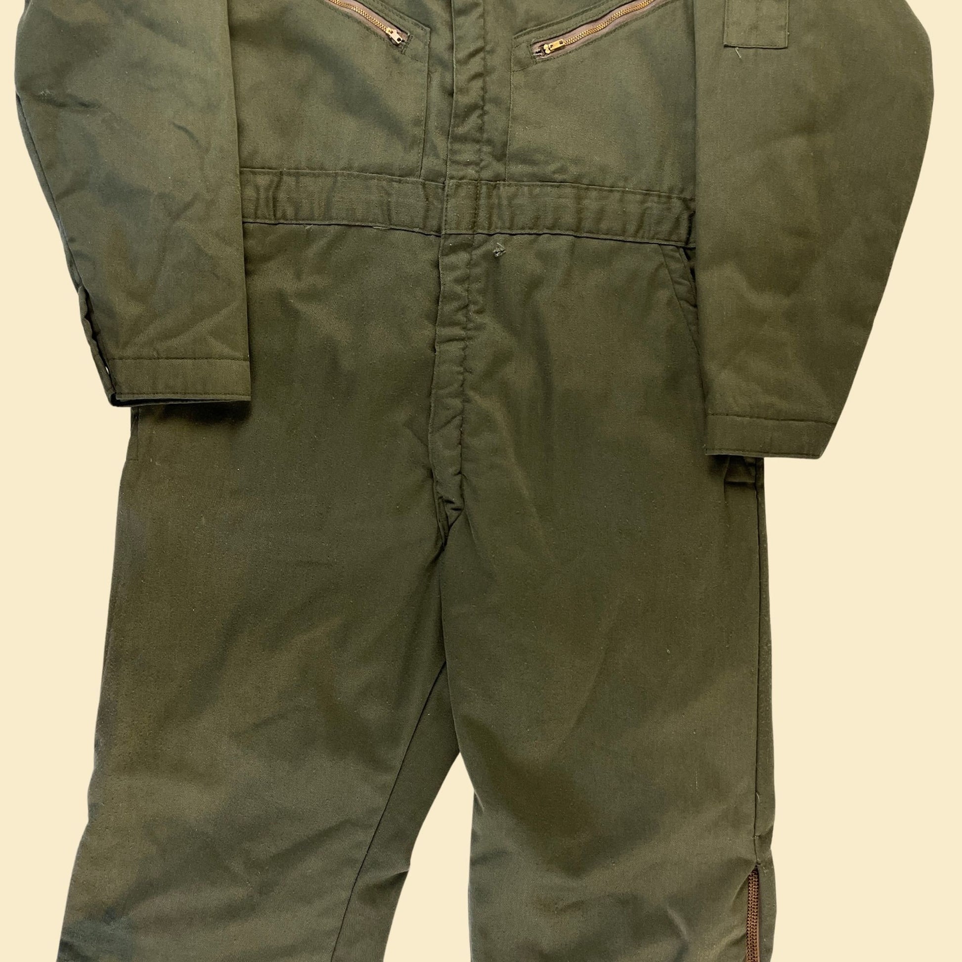 1980s Big Smith coveralls, size 44 vintage 80s olive green & beige zip up USA made men's coverall w/ corduroy trim