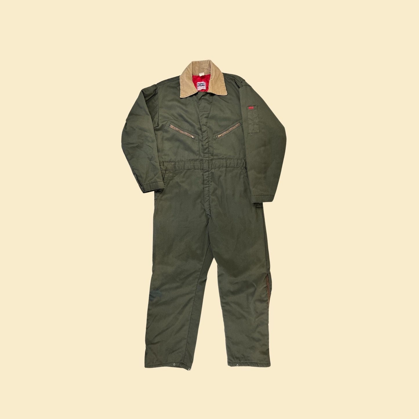 1980s Big Smith coveralls, size 44 vintage 80s olive green & beige zip up USA made men's coverall w/ corduroy trim