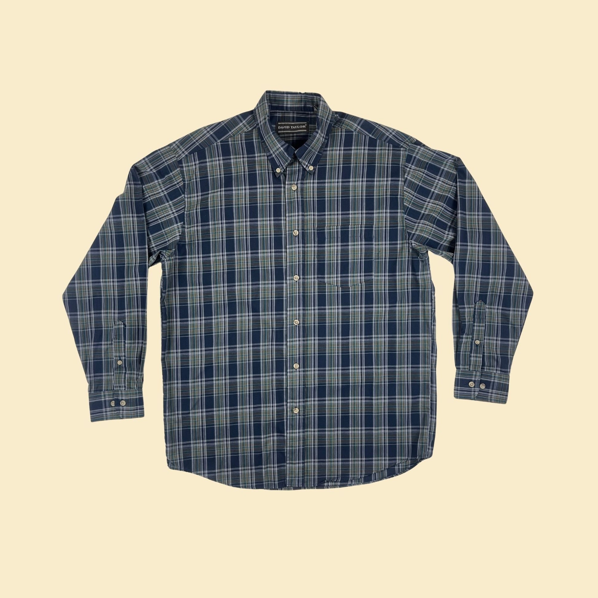 90s M blue plaid shirt by David Taylor, vintage men's long sleeve lightweight button down top