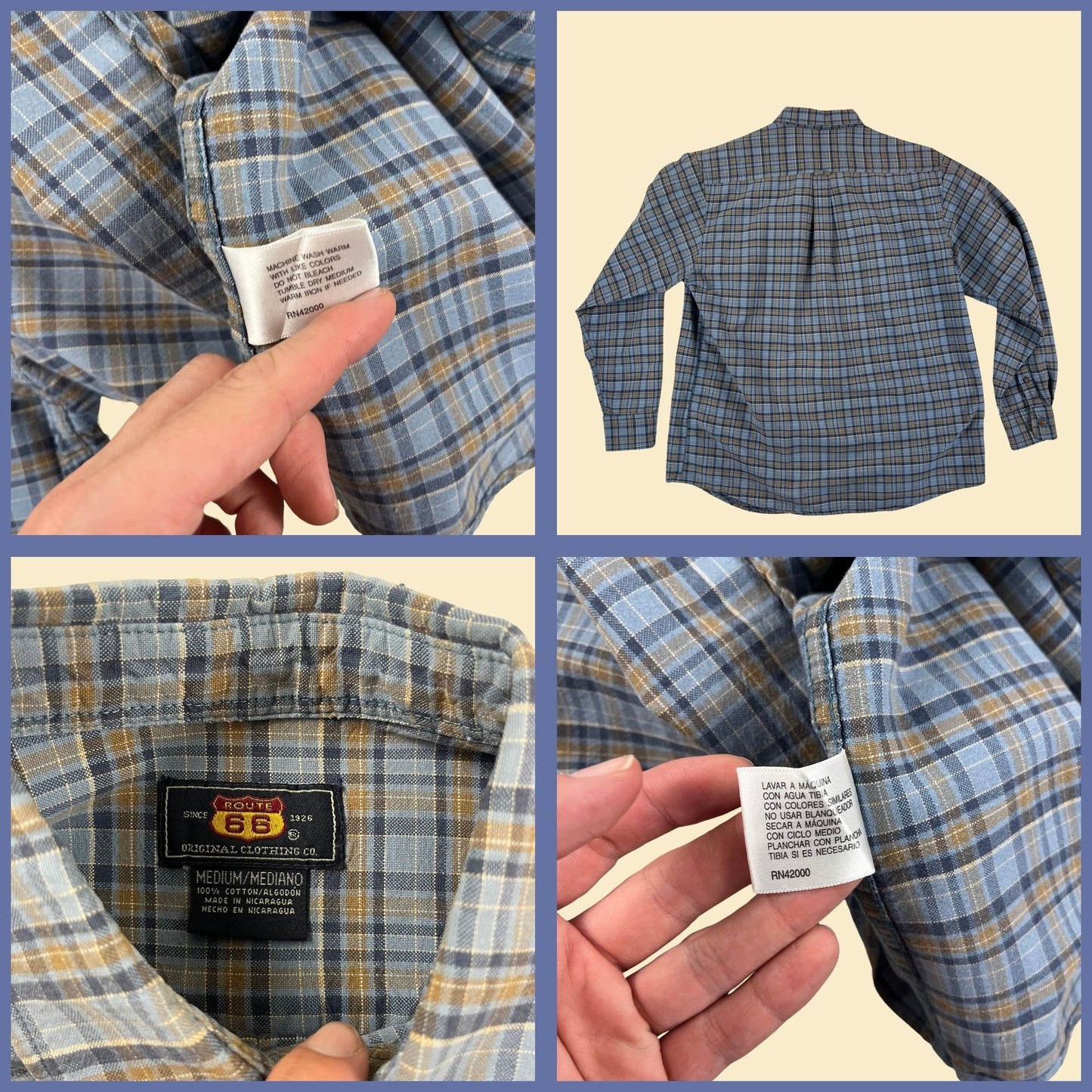 90s/Y2K M flannel shirt, vintage 1990s blue/brown plaid men's button down long sleeve top