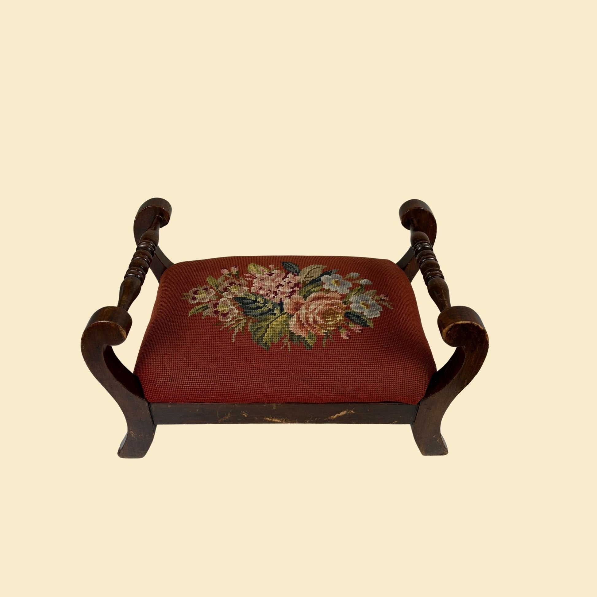 Vintage wooden footstool, 1930s floral needlepoint burgundy French provincial style stool w/ handles