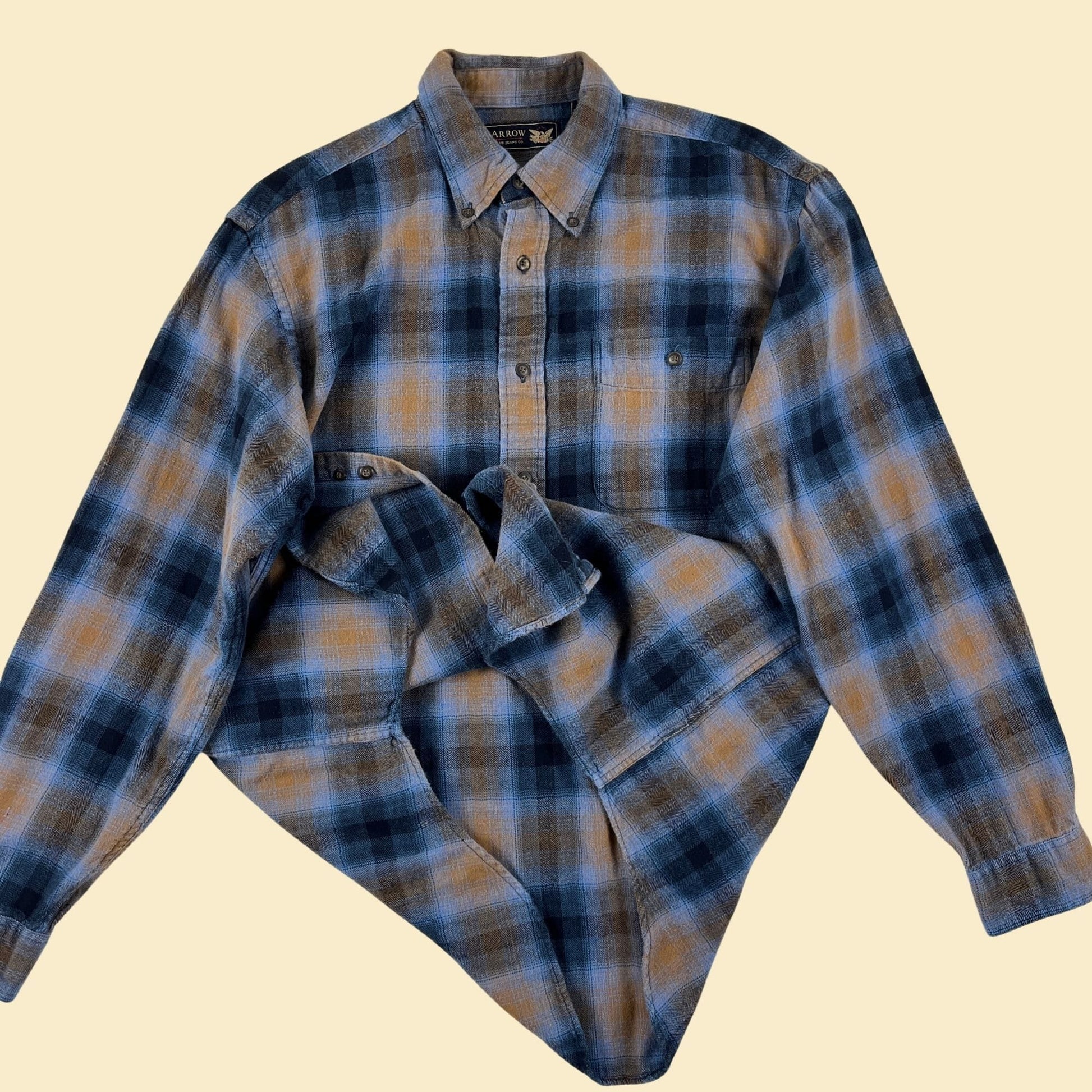 90s M blue flannel shirt, vintage 1990s blue & brown plaid long sleeve cotton button down