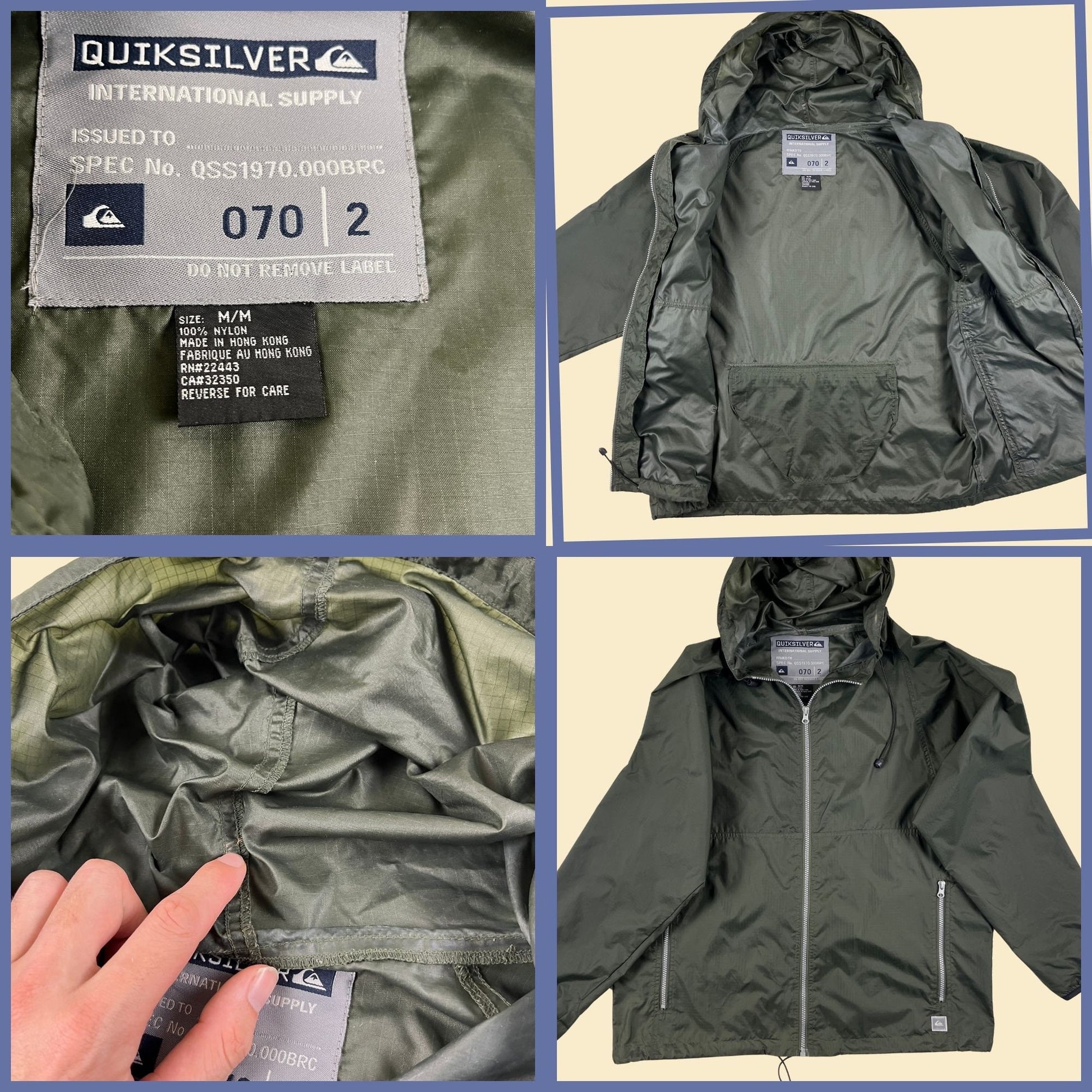 1990s M Quiksilver windbreaker jacket, vintage 90s men's zip up dark green nylon jacket