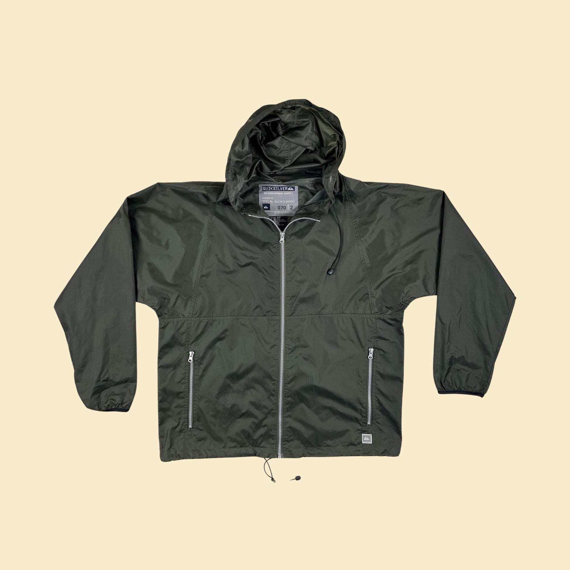 1990s M Quiksilver windbreaker jacket, vintage 90s men's zip up dark green nylon jacket